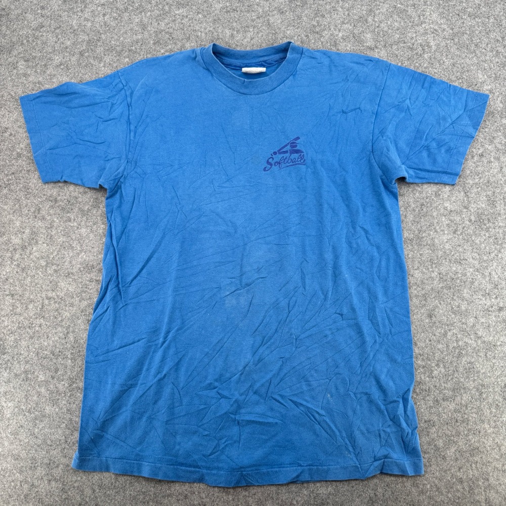 Hanes T-Shirt Mens L Beefy-T Blue Single Stitch Junior Olympic Softball EUC